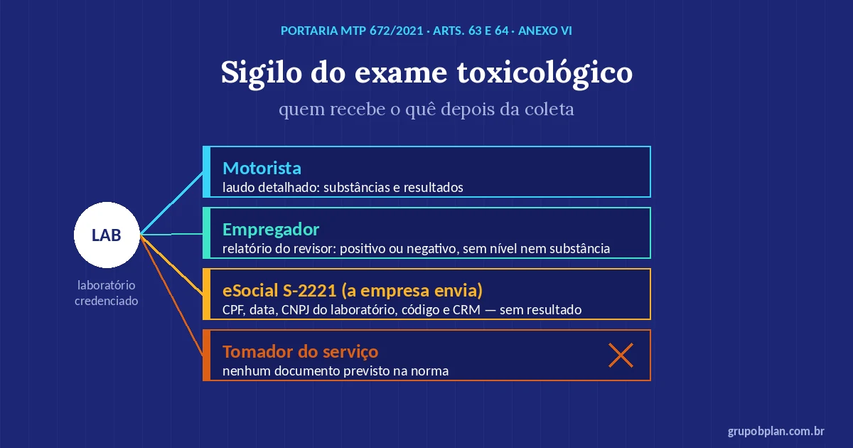 Infográfico: após a coleta, o laboratório entrega o laudo detalhado ao motorista; o empregador recebe apenas o relatório positivo ou negativo; o eSocial S-2221 recebe dados de registro sem resultado; o tomador do serviço não tem documento previsto